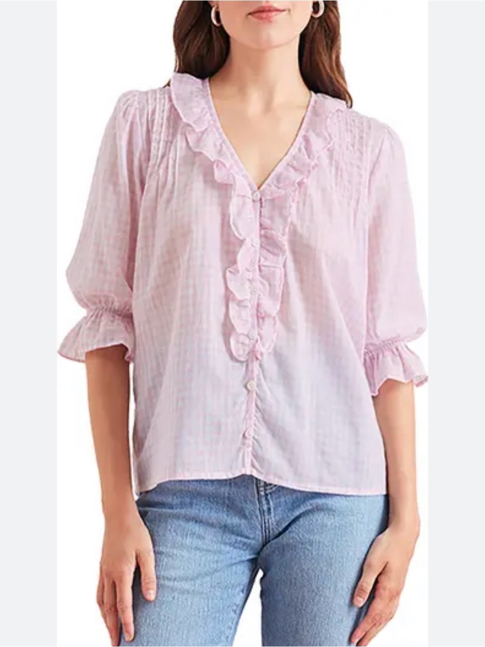 Paneros Chloe pink and white Plaid Ruffle Cotton Shirt